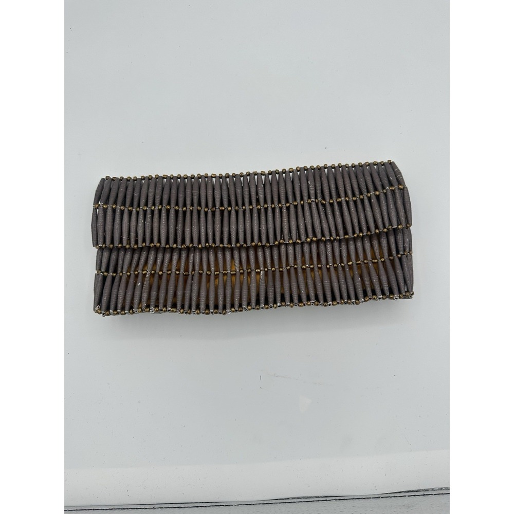 Beaded Woman Clutch Bag Gray Color Artisanal With Fabric Yellow Lining